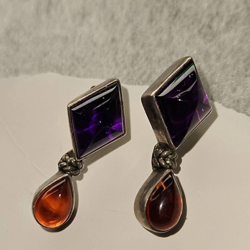Lori Bonn Sterling Silver Amethyst and Amber Drop Pierced Earrings